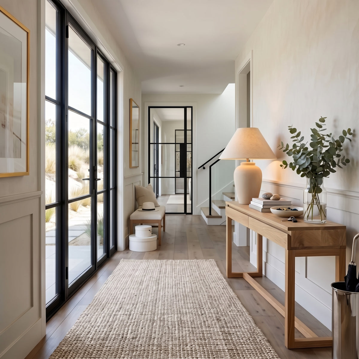A modern home entryway featuring a long woven jute runner rug, a light wood console table with a cream ceramic table lamp and a glass vase of eucalyptus, and large black-framed glass doors on the left.