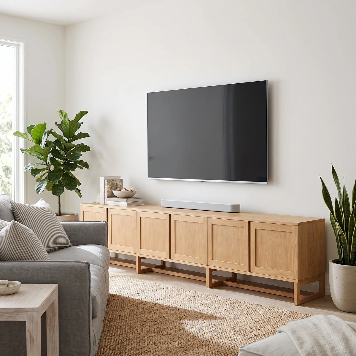 A light natural wood TV stand with multiple cabinet doors and open lower shelves, styled in a modern living room with a gray sofa, potted plants, and a wall-mounted flat-screen TV.