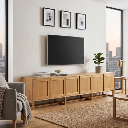A light natural wood media console with five cabinet doors stands in a modern living room setting under a wall-mounted flat-screen TV. The console is styled with books, a small ceramic bowl, and a potted fiddle-leaf fig plant, with a gray armchair and a woven rug in the foreground.
