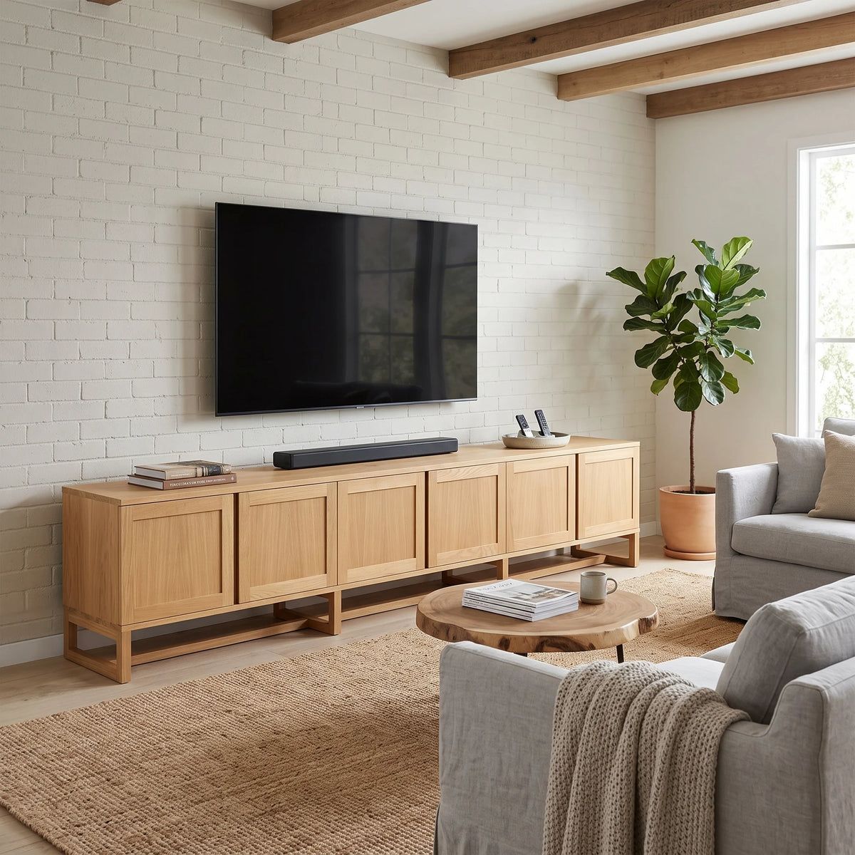 A light natural wood media console with five cabinet doors stands against a white brick wall in a bright living room, holding a large black TV and a soundbar. A round wooden coffee table, woven rug, gray sofa, and a potted fiddle-leaf fig plant are also visible.