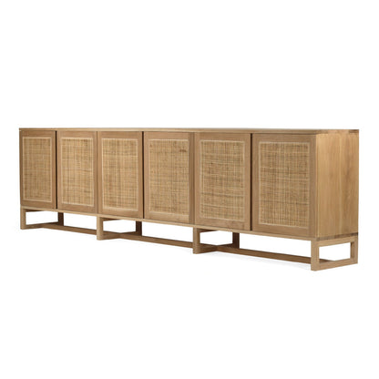 Wooden sideboard with rattan doors on a white background