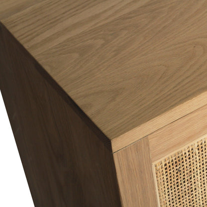 Wooden furniture with woven pattern on a white background