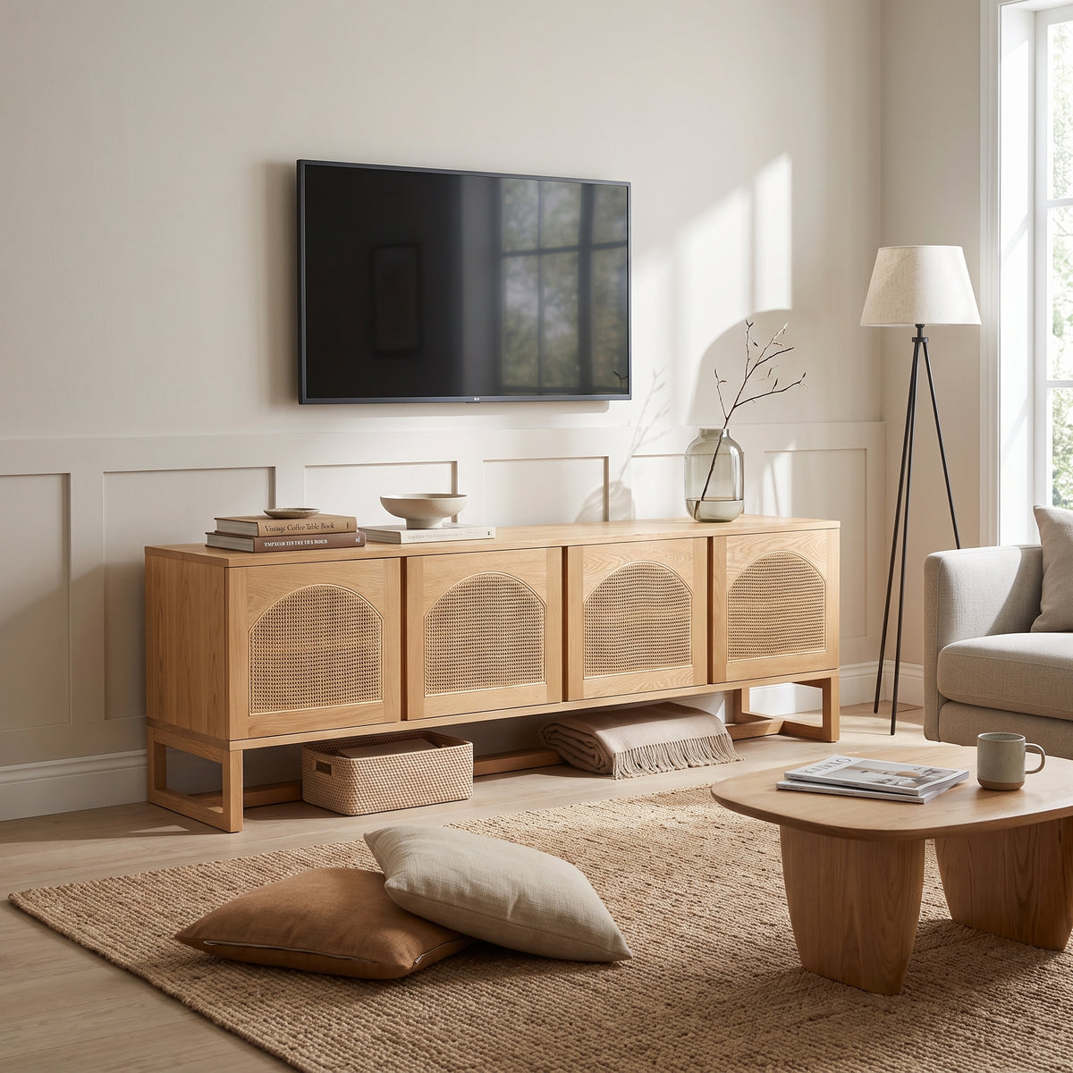 A light natural wood TV stand with four arched cane-screen doors stands in a bright, modern living room setting below a wall-mounted flat-screen TV. The room features a neutral color palette with beige walls, a woven rug, a low wooden coffee table, and a floor lamp.