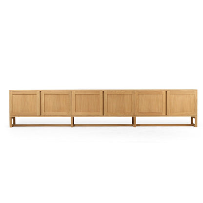 A modern six-panel sideboard cabinet in light oak wood, shown from a front-facing perspective against a solid white background.