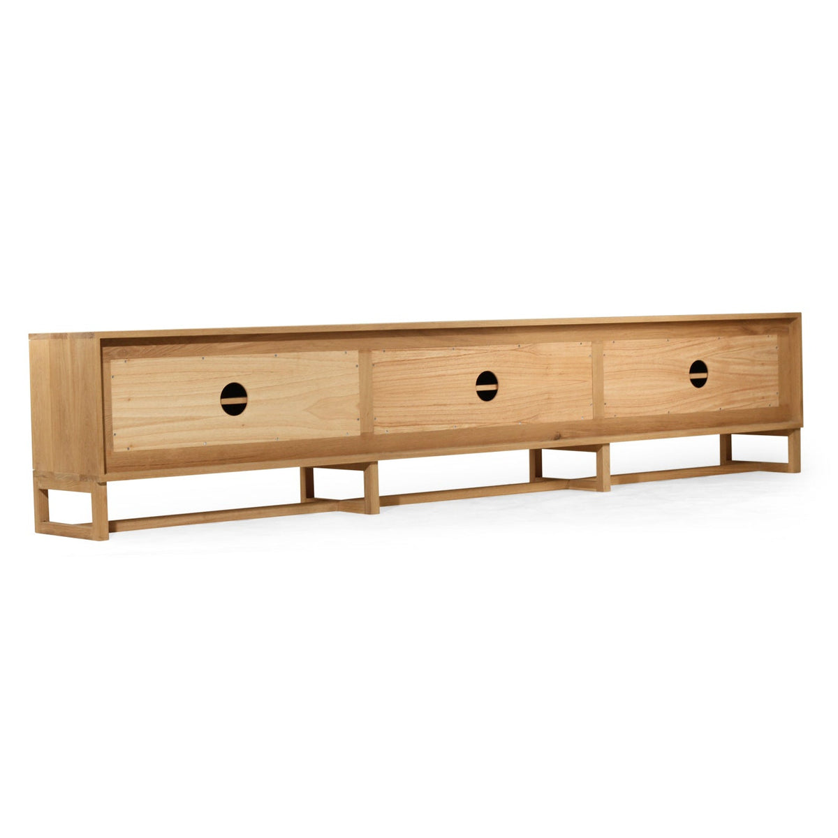 A long, low wooden sideboard or credenza with three front drawers, each featuring a circular cutout detail, supported by a slim metal frame, shown against a plain white background.
