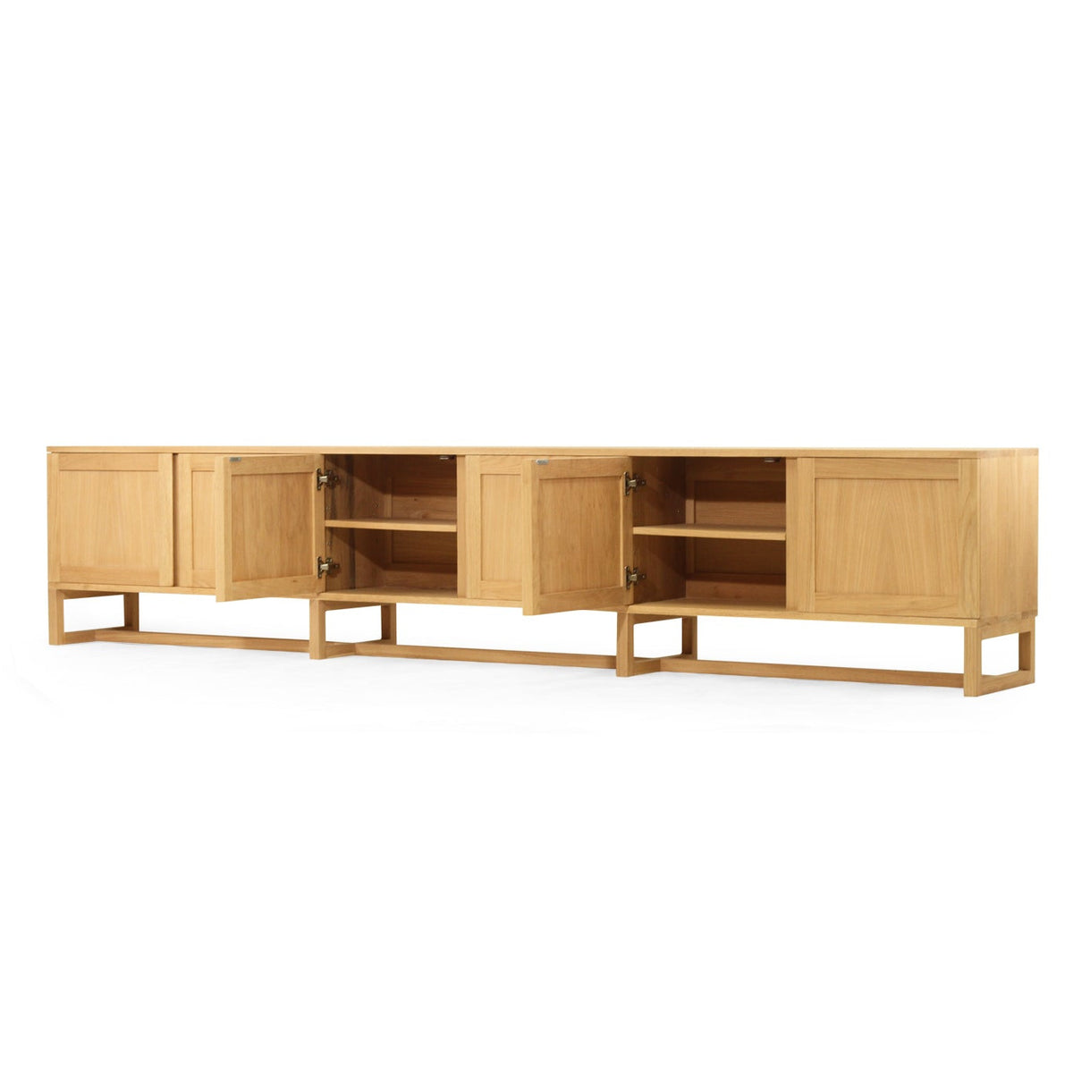 A light natural oak wood media console with four cabinet doors, two of which are open to show shelving, set against a plain white background.