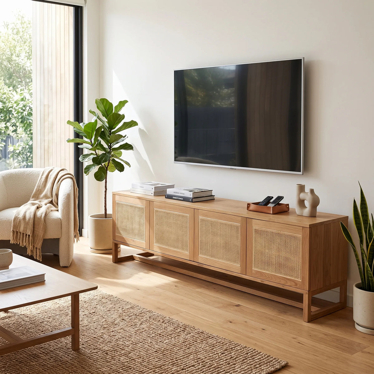 A light oak wood TV stand with woven cane panels on a wooden floor in a bright, modern living room. A large flat-screen TV is mounted on the wall above the stand.
