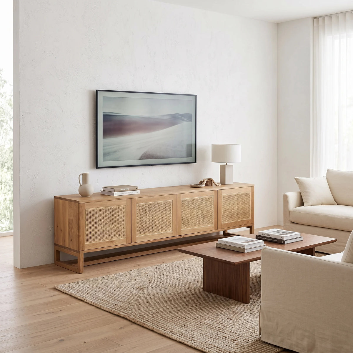 A light natural wood sideboard with woven cane panels stands in a bright, modern living room against a white wall, displaying a framed landscape print. The room is styled with a beige sofa, a wooden coffee table, a textured rug, and a table lamp.