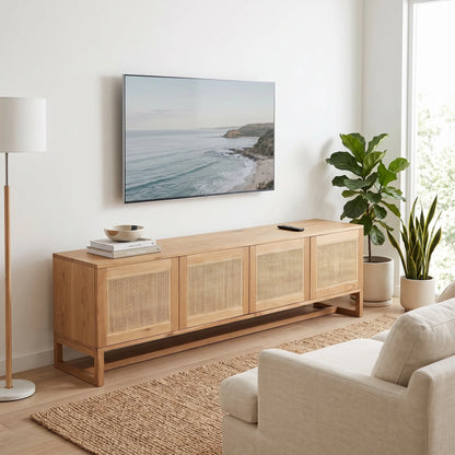 A light natural wood TV stand with woven cane doors, styled in a bright living room under a wall-mounted TV.