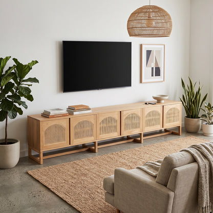 A long, low wooden TV stand or media console with five arched cabinet doors, shown in a styled living room setting with a wall-mounted TV, plants, a woven pendant light, and a beige armchair.