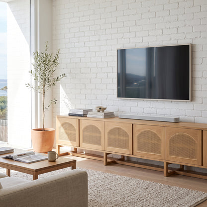 A light natural wood media console with woven cane doors stands against a white brick wall in a bright living room, with a wall-mounted TV above and a potted plant nearby.