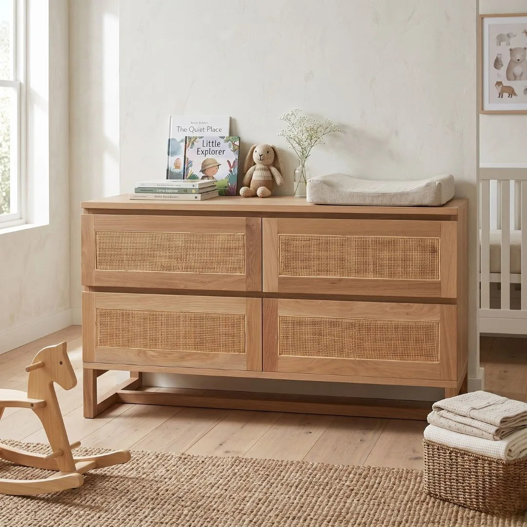 American Oak and rattan chest of drawers in a nursery bedroom setting.
