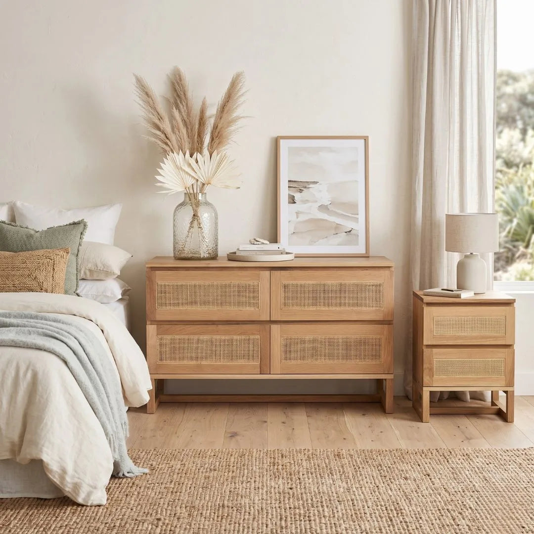 American Oak and rattan chest of drawers in a bedroom setting.