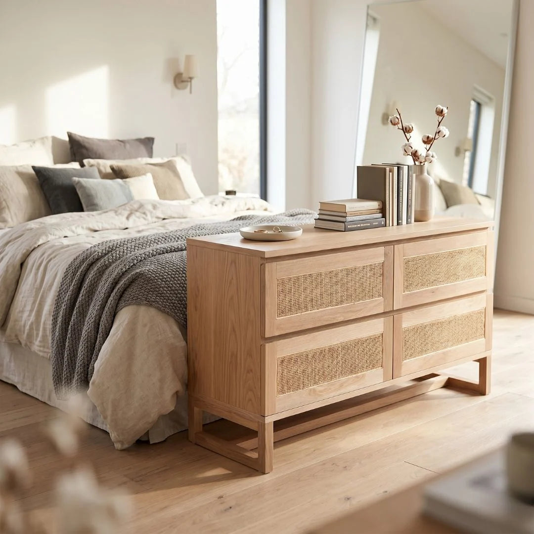 American Oak and rattan chest of drawers in a bedroom setting.