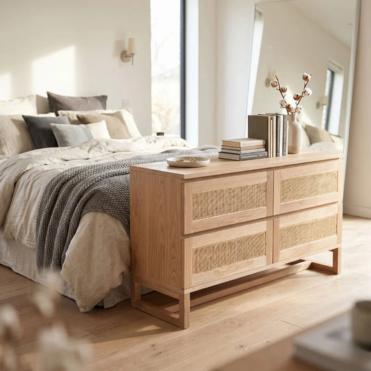 American Oak and rattan chest of drawers in a bedroom setting.