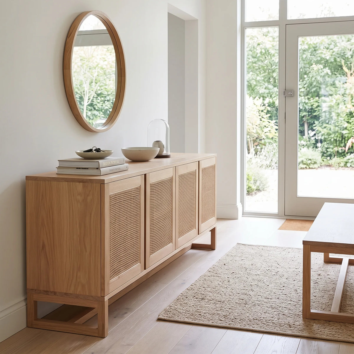 A light natural wood sideboard with woven cane doors stands in a bright, modern room with a matching oval mirror, books, bowls, and a rug nearby.