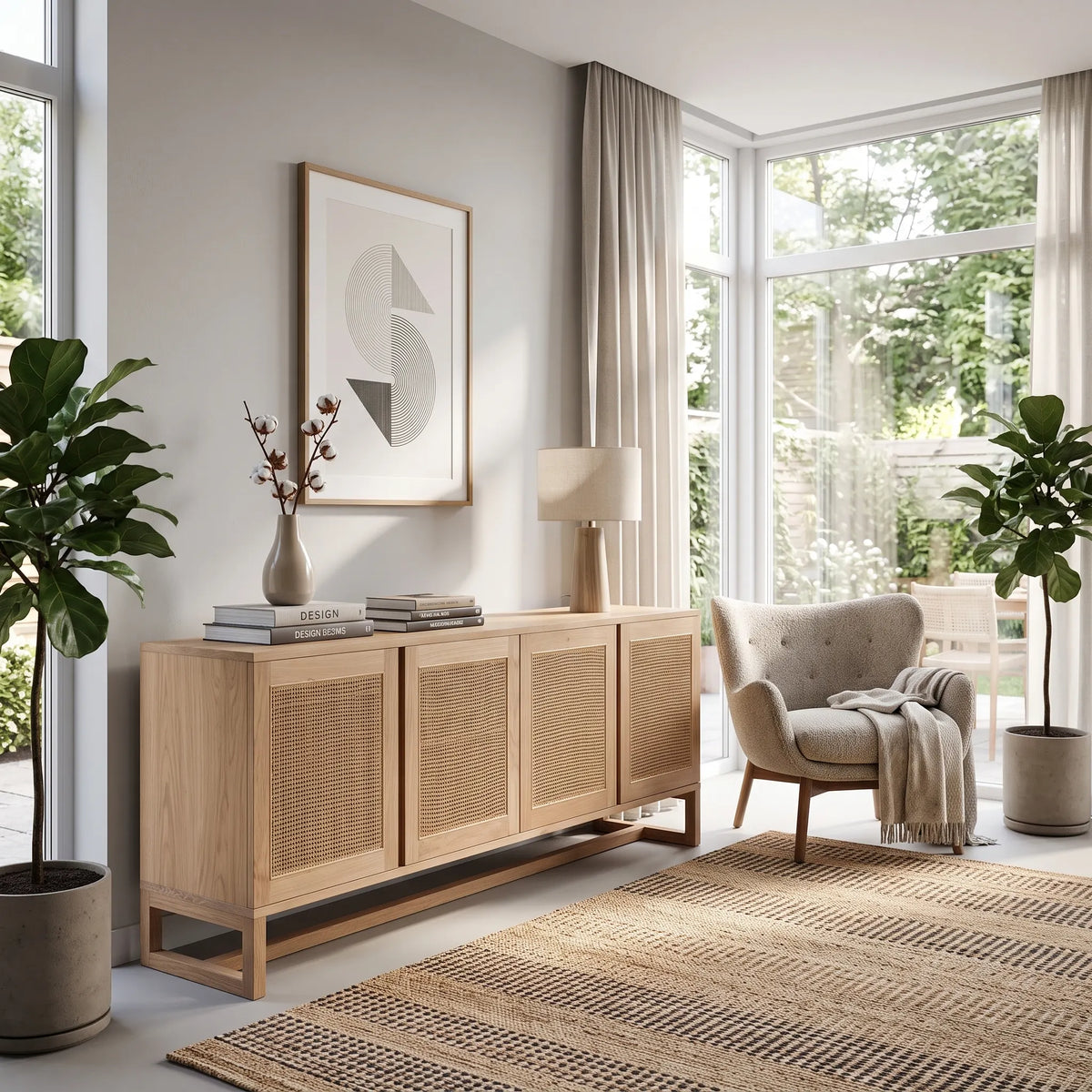 A light natural wood sideboard cabinet with woven cane doors, styled in a bright, modern living room next to a beige armchair, potted plants, and a large framed abstract print.