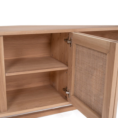 Wooden cabinet with open door revealing wicker interior on a white background