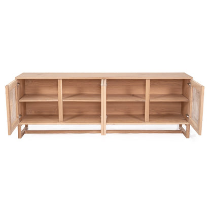 Wooden sideboard with open doors on a white background