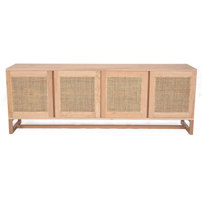 Wooden sideboard with rattan doors on a white background