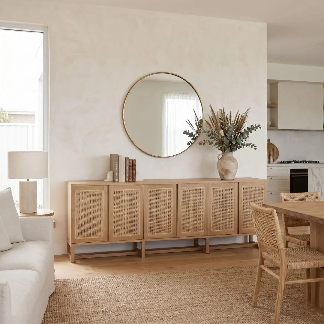 Modern living room with wooden cabinet, round mirror, and decorative plants.