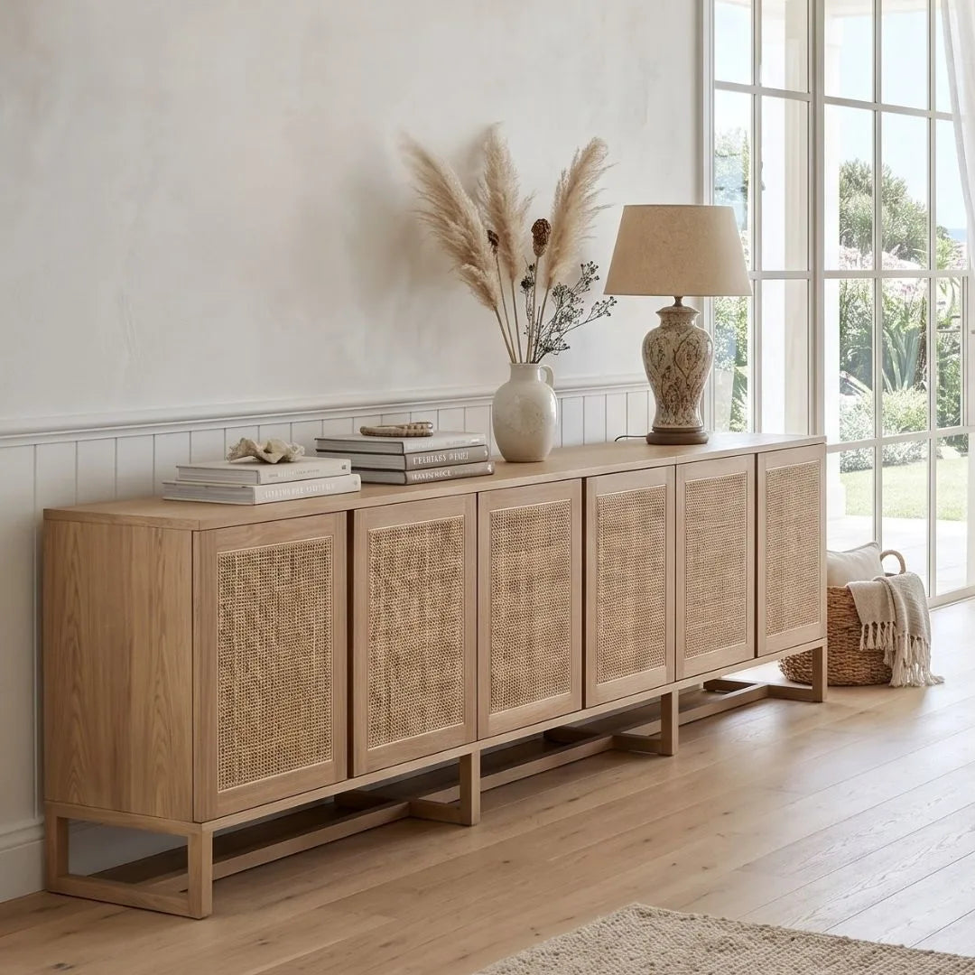 Wooden sideboard with decorative items in a bright room