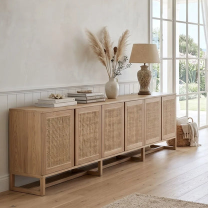 Wooden sideboard with decorative items in a bright room