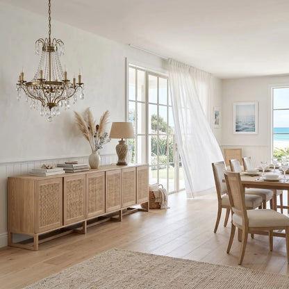Modern dining room with wooden furniture, chandelier, and large windows.