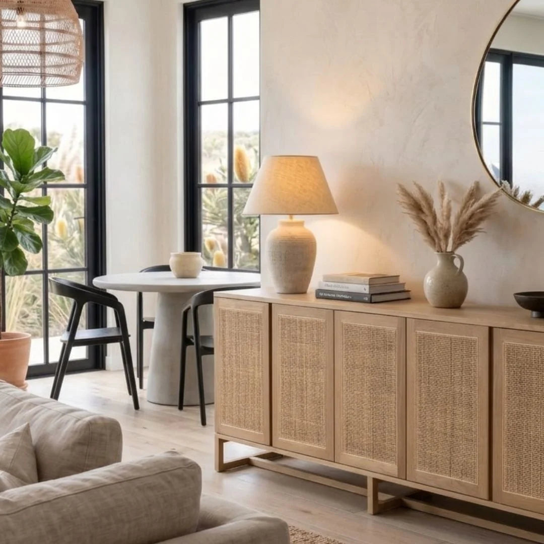 Living room with wooden sideboard, lamp, and decor