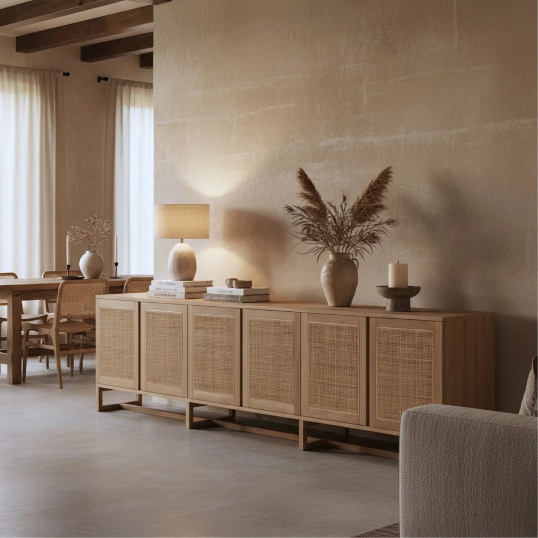 Beige living room with wooden sideboard, table, and decor items.