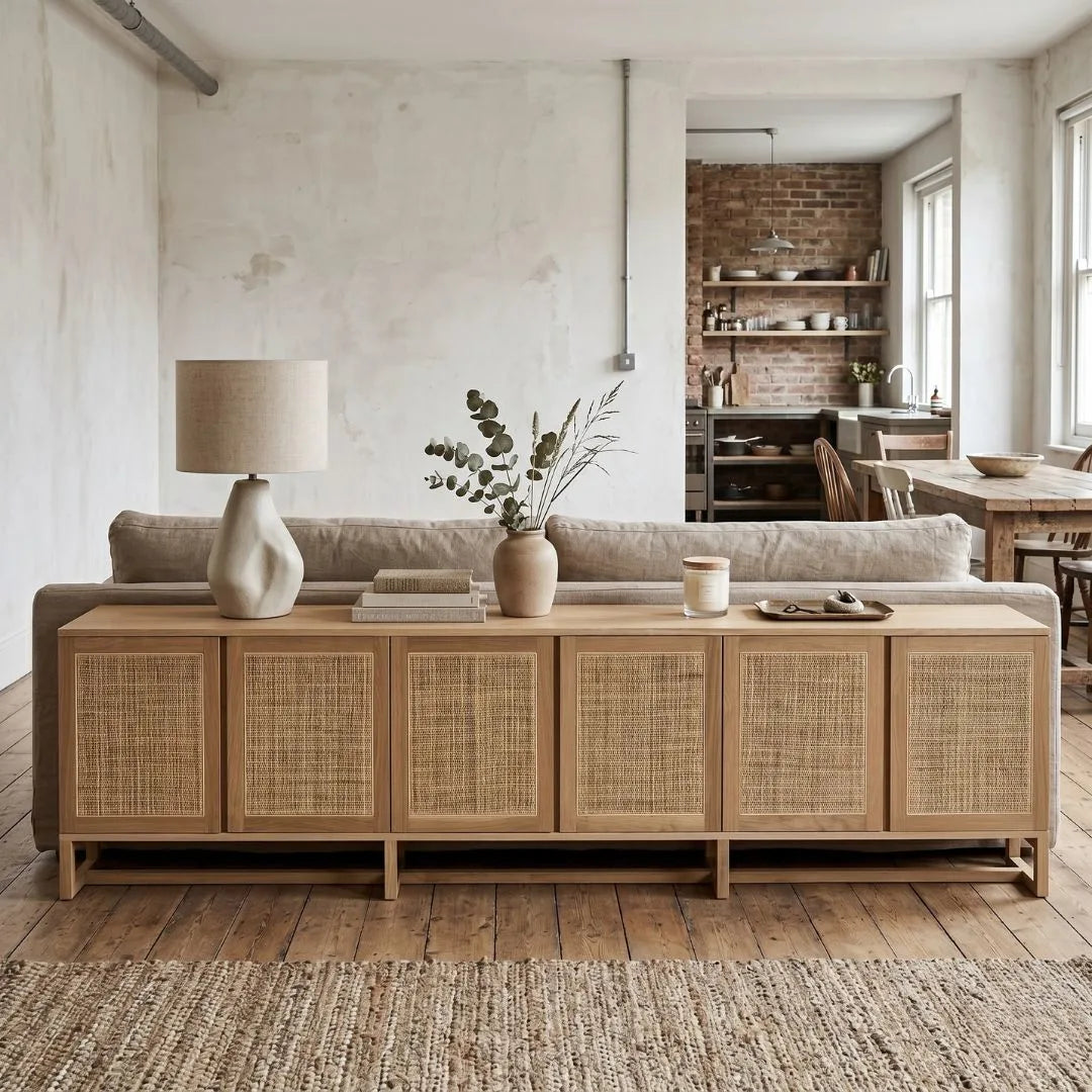 Living room with a wooden sideboard, sofa, and lamp.