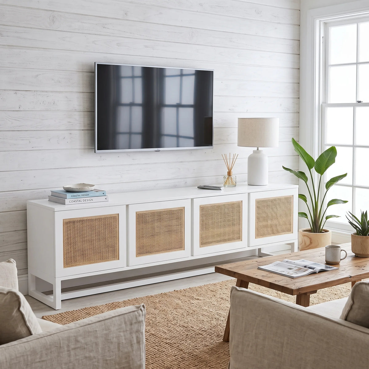 A white modern TV stand with four woven cane doors, styled in a bright living room with a wall-mounted TV, lamp, plants, and a wooden coffee table.