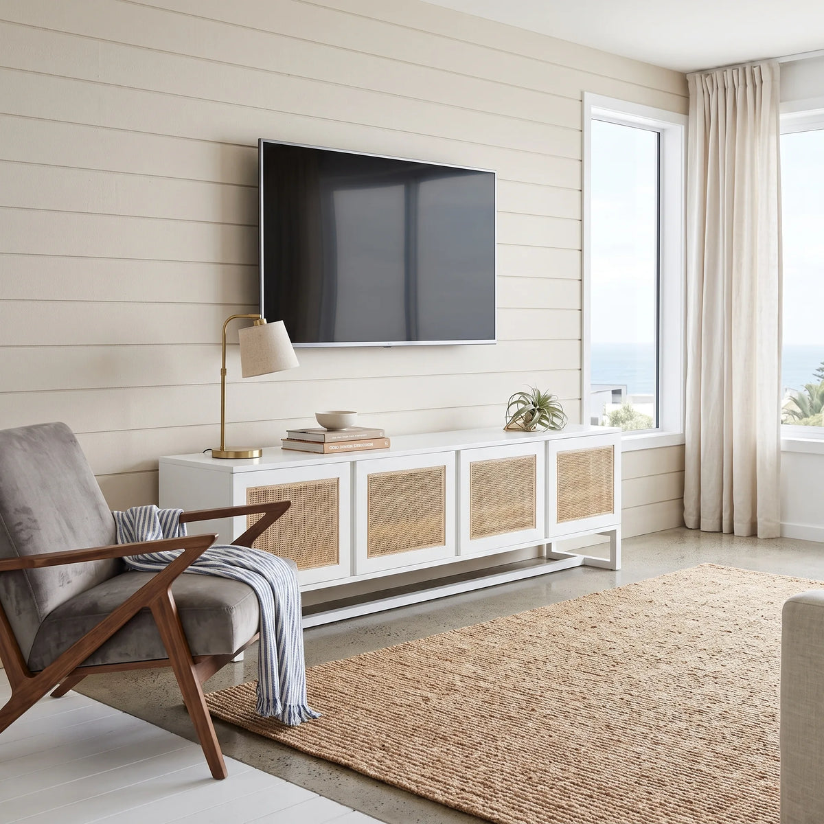 A modern living room scene featuring a white media console with woven cane doors, a wall-mounted flat-screen TV, a gray upholstered armchair with a striped throw, and a large natural jute rug in front of a window with beige curtains.
