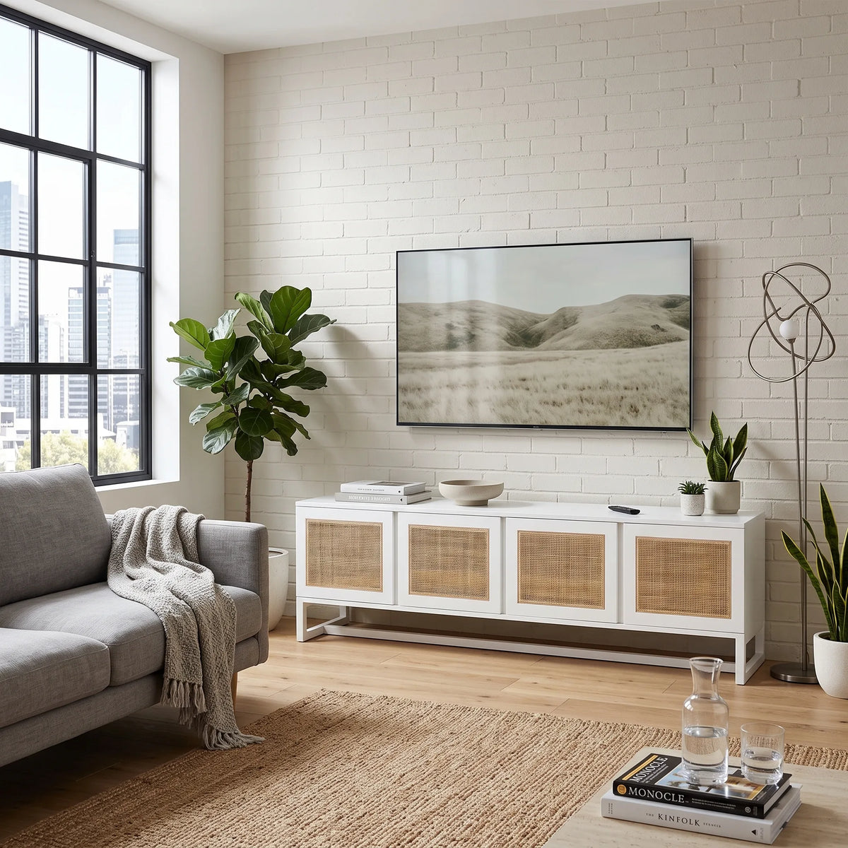 A modern living room scene featuring a white media console with woven cane doors, styled with a TV, books, and plants against a white brick wall.