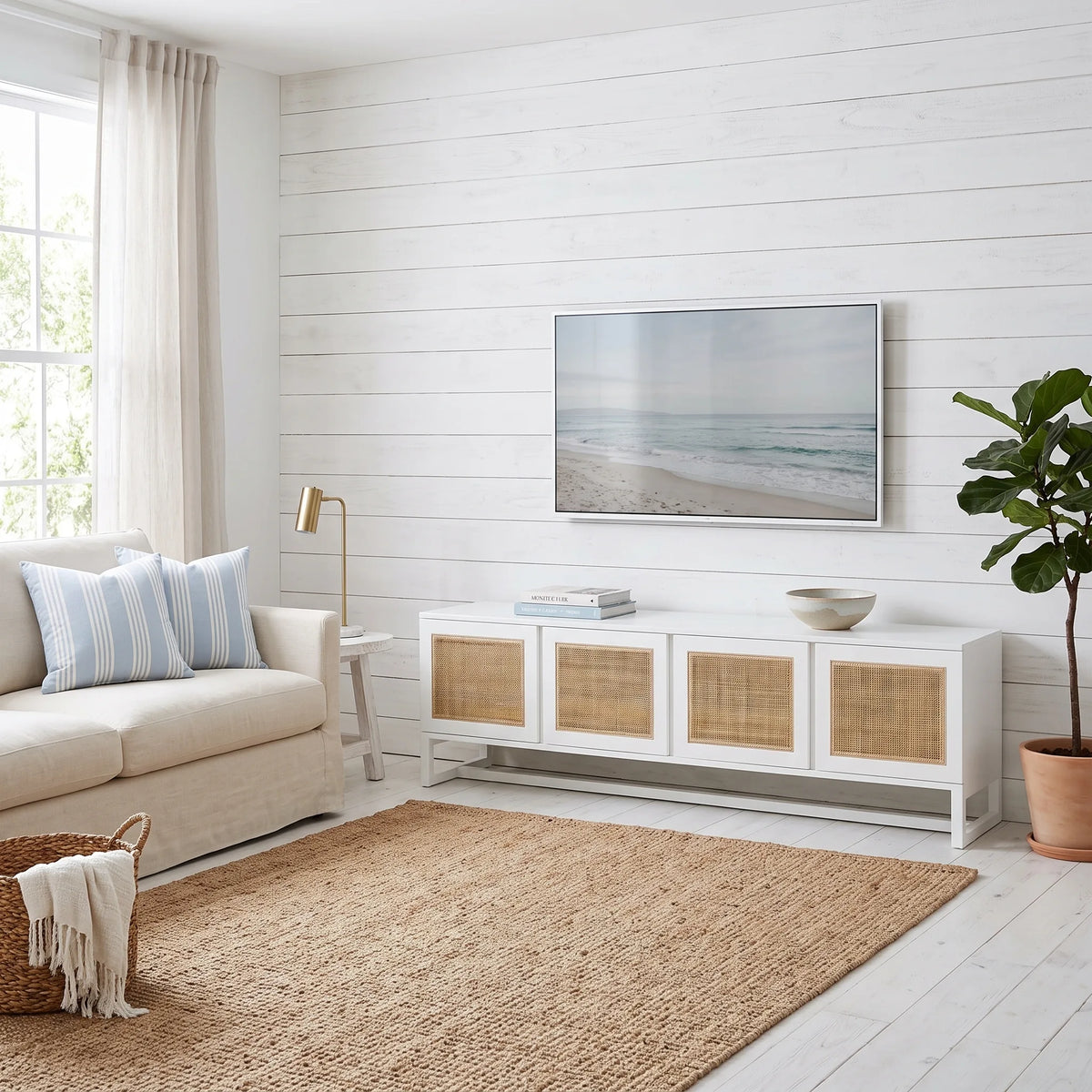 A white modern media console with woven cane doors, styled in a bright, coastal-themed living room next to a beige sofa and under a wall-mounted TV.