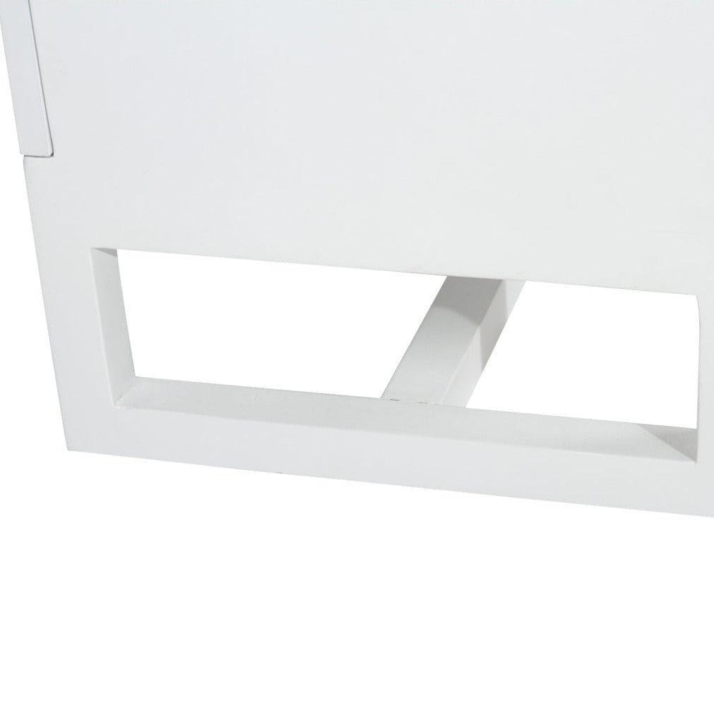 Product image of long white entertainment unit with six rectangular woven cane or rattan panels on the front, shown against a plain white background.