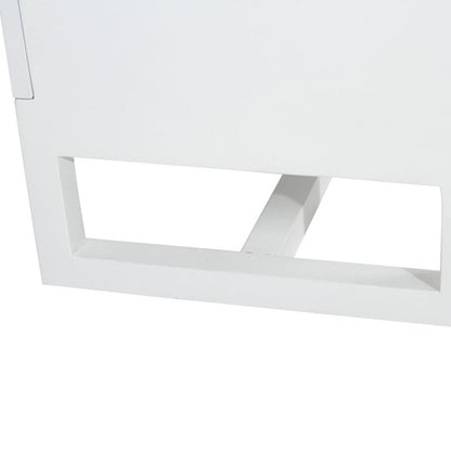 Product image of long white entertainment unit with six rectangular woven cane or rattan panels on the front, shown against a plain white background.