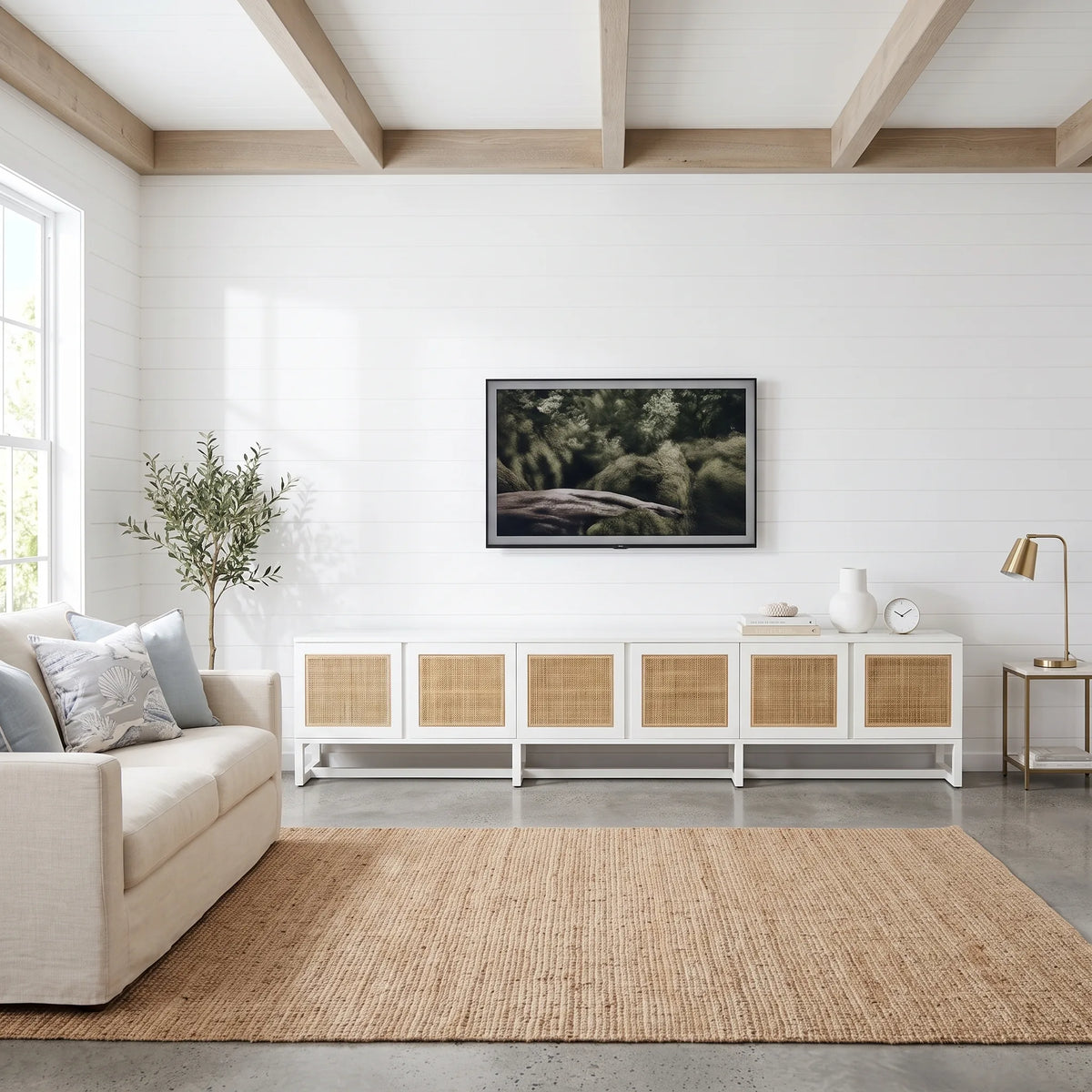 A modern living room scene featuring a white media console with woven cane doors, a mounted flat-screen TV, a beige sofa, and a large natural jute rug on a concrete floor.