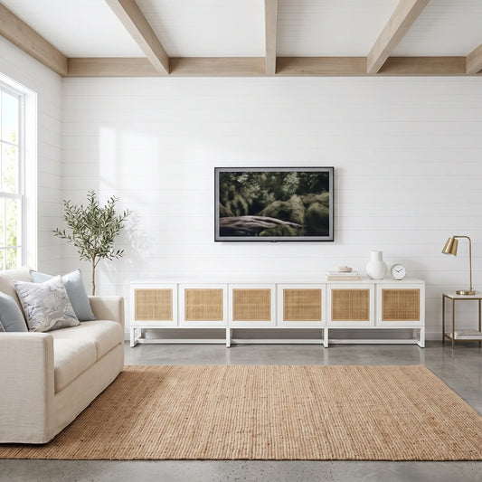 A modern living room scene featuring a white media console with woven cane doors, a mounted flat-screen TV, a beige sofa, and a large natural jute rug on a concrete floor.