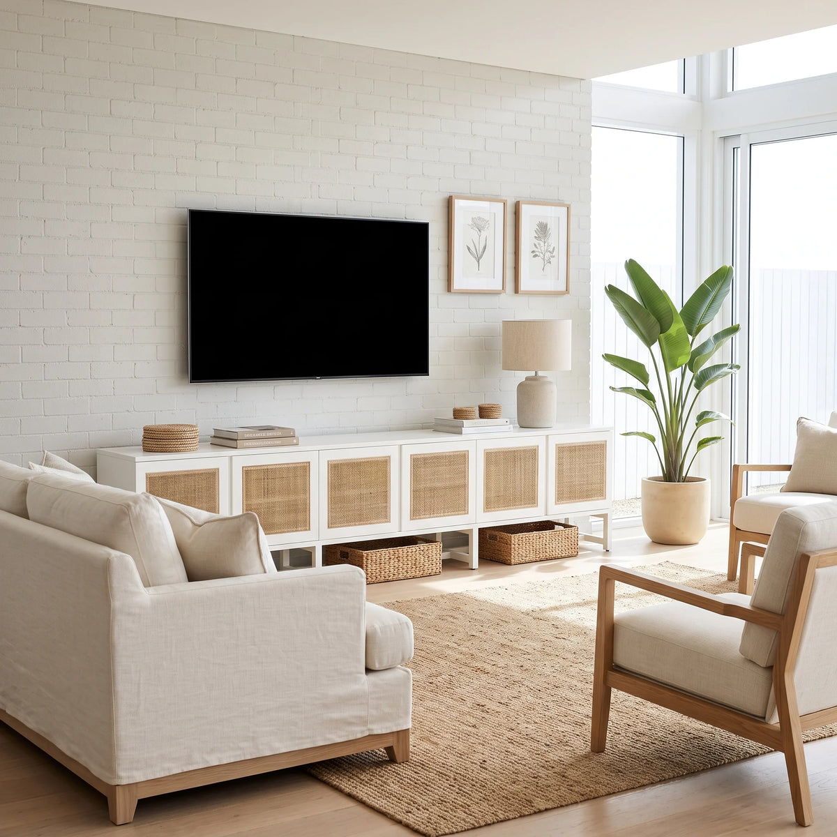 A bright, modern living room featuring a white brick wall, a black wall-mounted TV, a white media console with woven cane doors, a beige sofa, a wooden armchair, and a large potted green plant.
