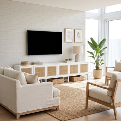 A bright, modern living room featuring a white brick wall, a black wall-mounted TV, a white media console with woven cane doors, a beige sofa, a wooden armchair, and a large potted green plant.