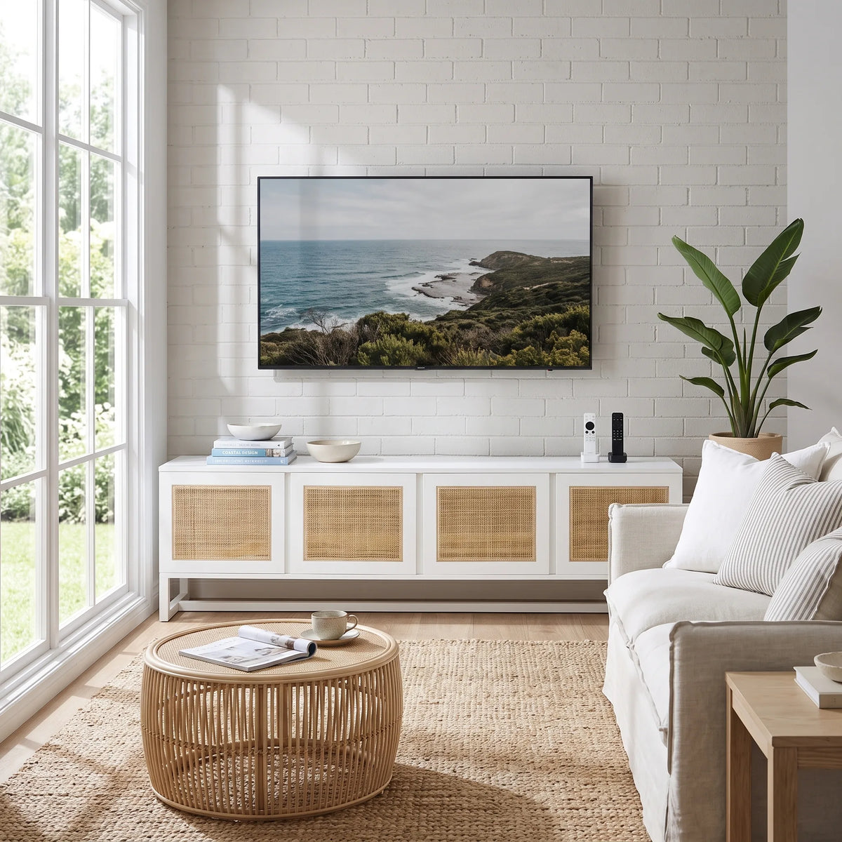 A framed landscape photograph of a coastal cliff and ocean hangs on a white brick wall above a white media console in a bright, modern living room. The room features a white sofa, a round woven rattan coffee table, and a potted green plant.