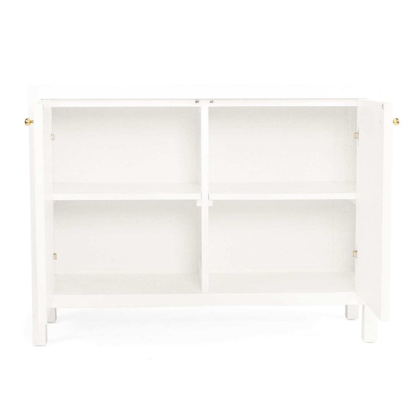 White sideboard internal with gold handles on a white background