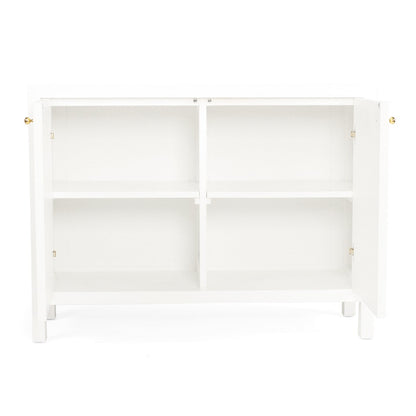 White sideboard internal with gold handles on a white background
