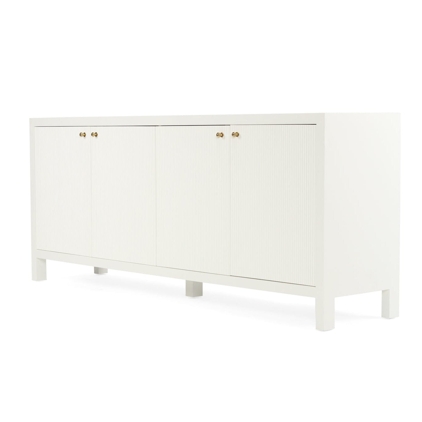 White sideboard with gold handles on a white background