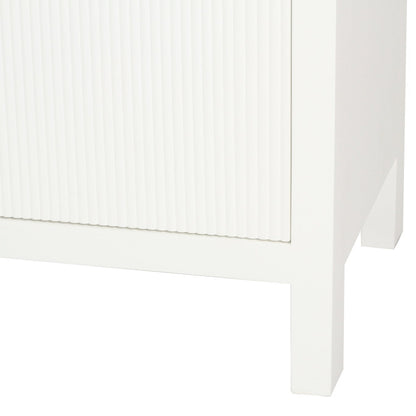 Close-up of a white cabinet corner with a textured finish