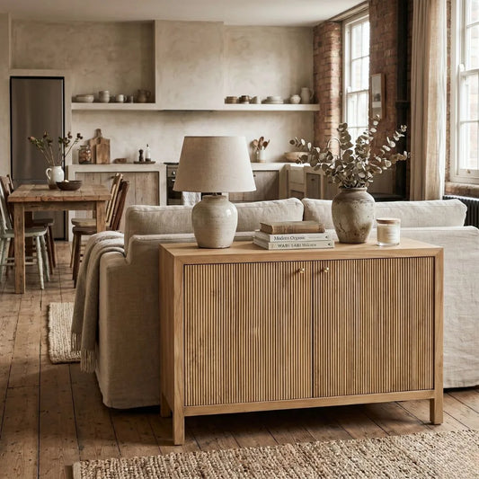 Living room with wooden sideboard, sofa, and kitchen in the background