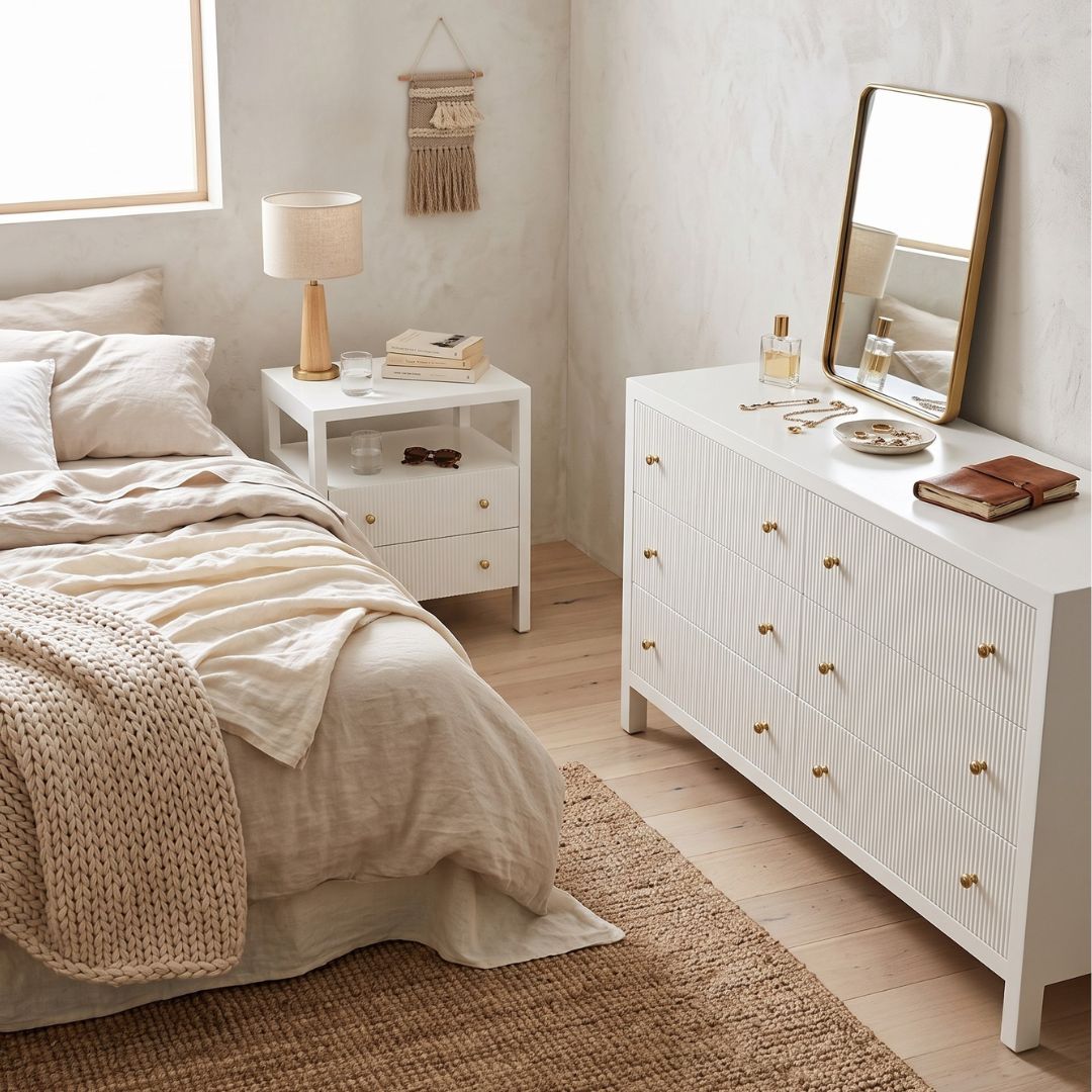 Modern white bedside table and dresser in a coastal bedroom setting