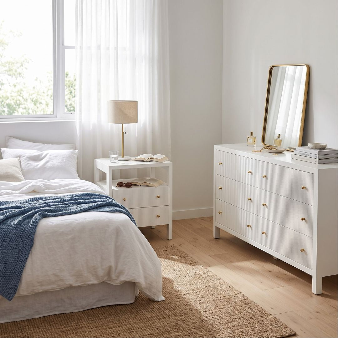 Modern white bedside table and dresser in a coastal bedroom setting