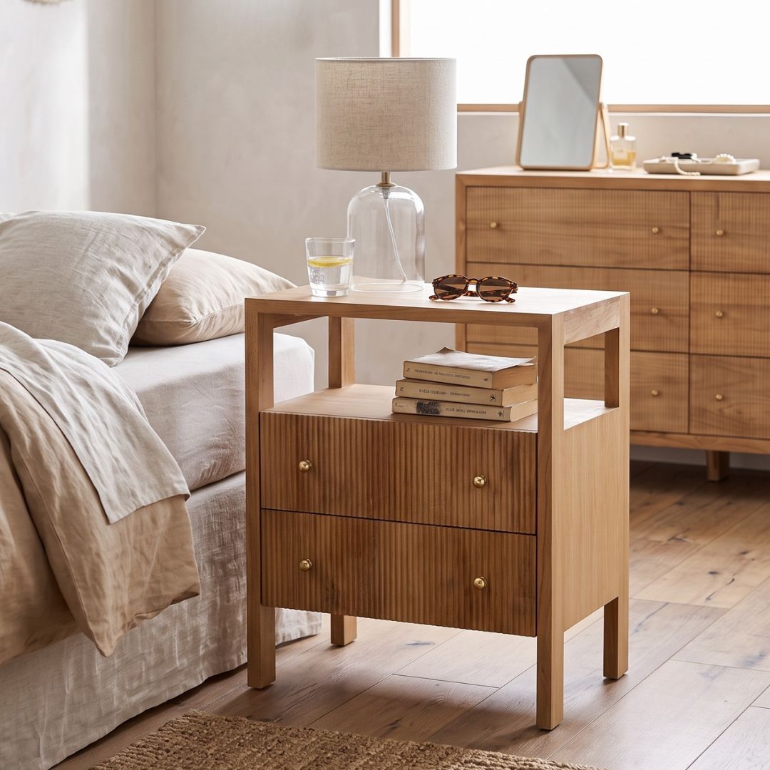 Natural teak bedside table in a modern bedroom setting